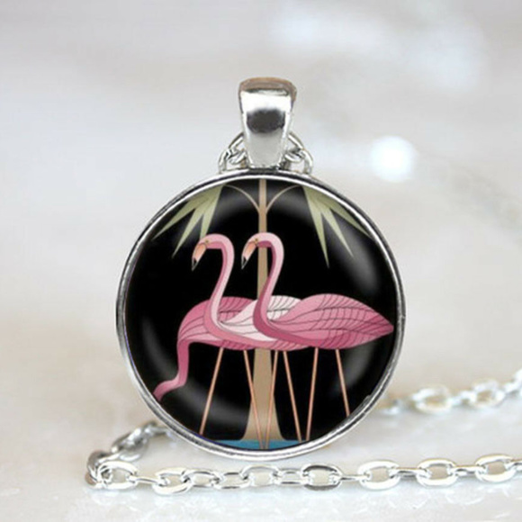 Silver Pink Flamingos Cabochon Pendant Necklace 20" Chain Women's Party Gift - Picture 1 of 4